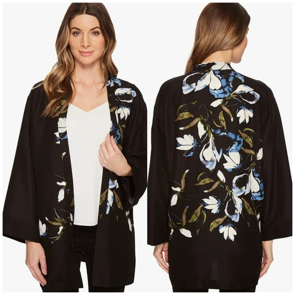 Vince Camuto Black Floral Open Kimono with Blue & White Petals